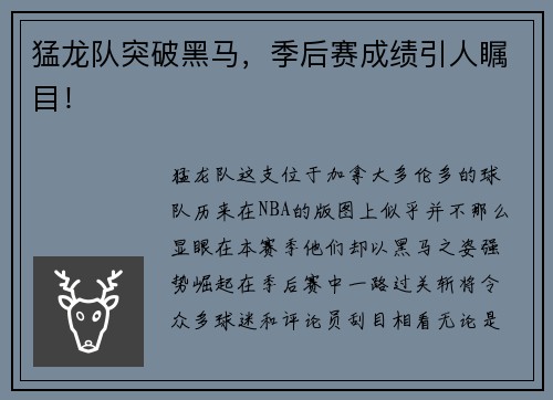 猛龙队突破黑马,季后赛成绩引人瞩目!